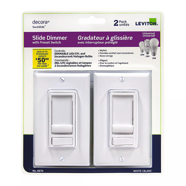Leviton SureSlide Slide Dimmer with Preset Switch 2-pack